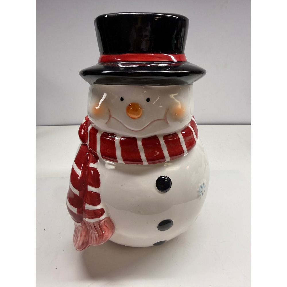 Ceramic Snowman Cookie Jar Holiday Christmas Decor Top Hat Striped Scarf